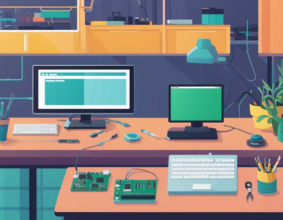 Una placa MicroPython y hardware están colocados en una mesa de trabajo, con una pantalla de computadora que muestra el código y un soldador cerca.