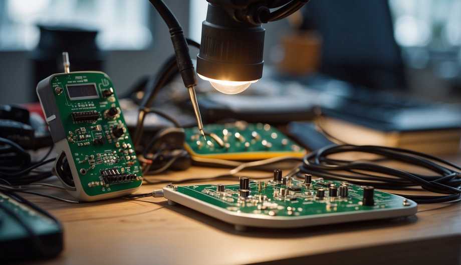 A soldering iron, solder wire, and PCB are arranged on a clean workbench in a well-lit workspace