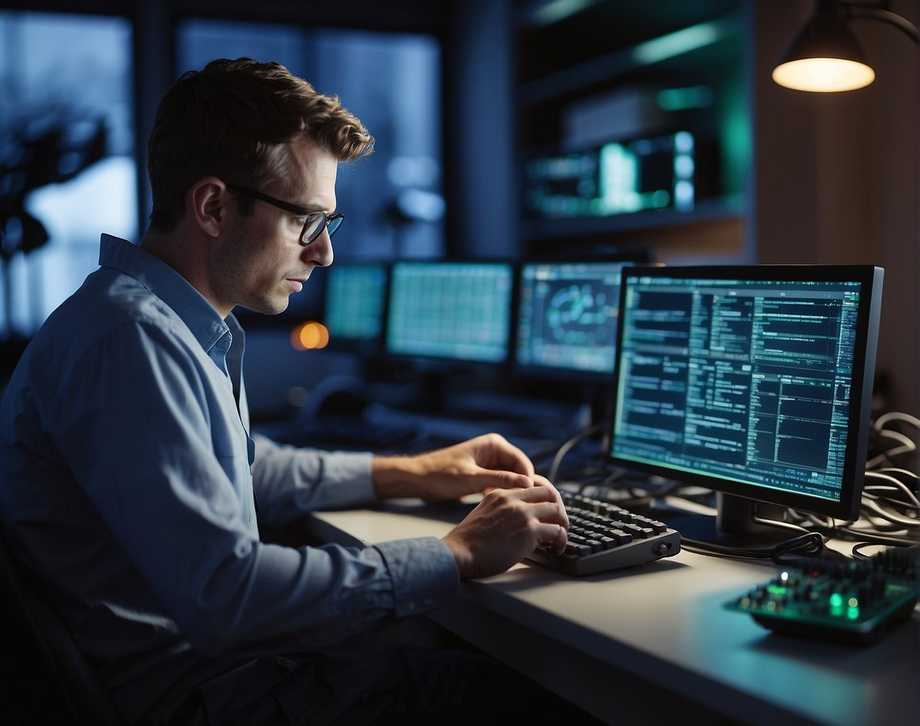 Un ingeniero escribiendo código C para un firmware en una computadora, rodeado de hojas de datos y una placa de microcontrolador.